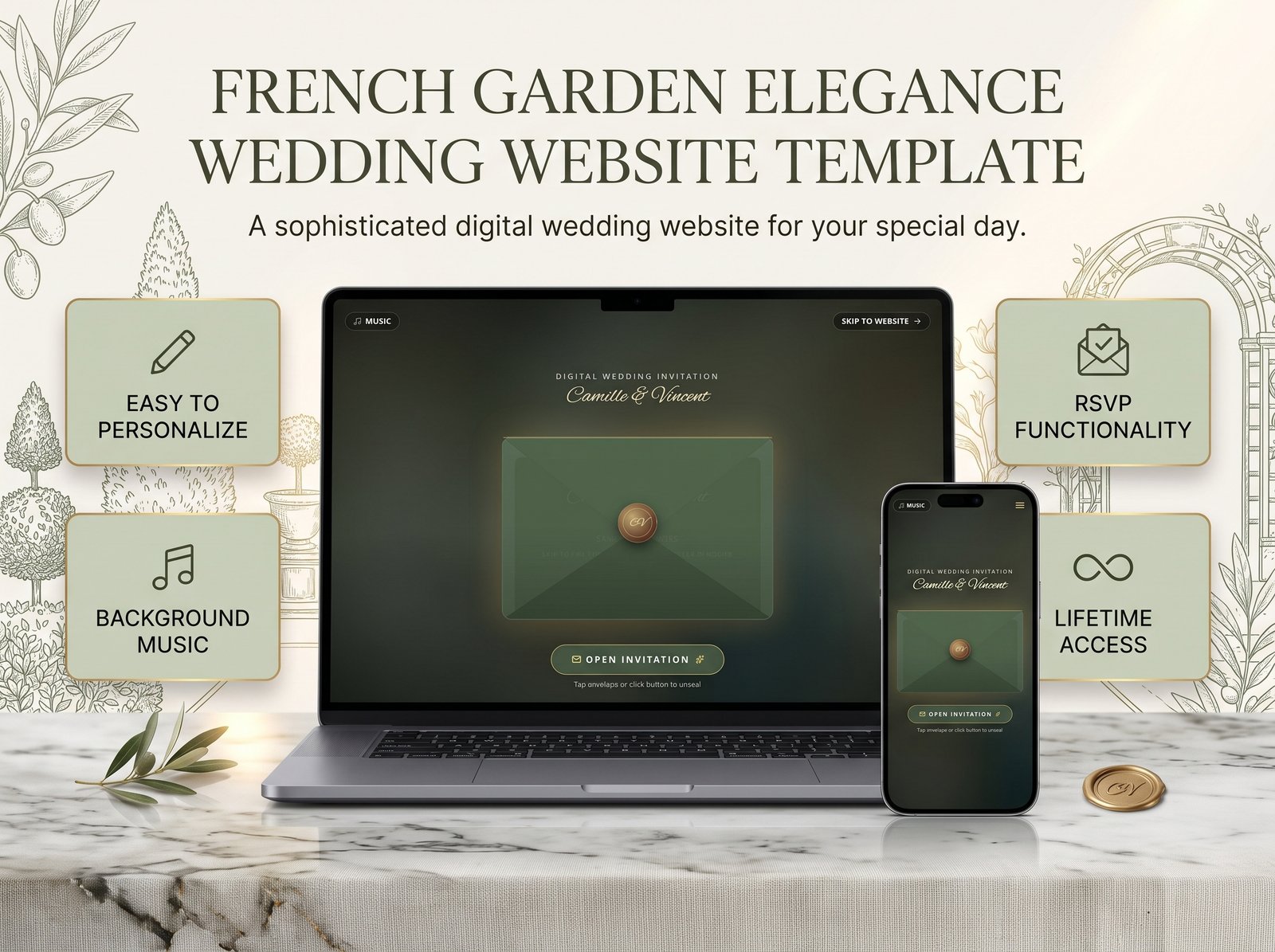 French garden wedding website template