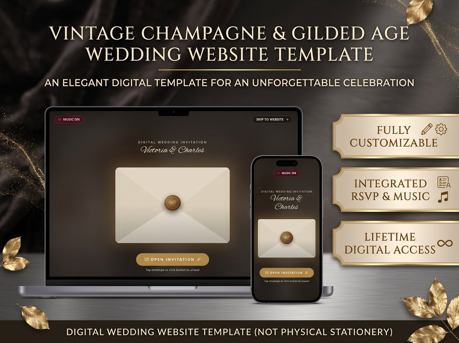 Vintage champagne Art Deco wedding website template
